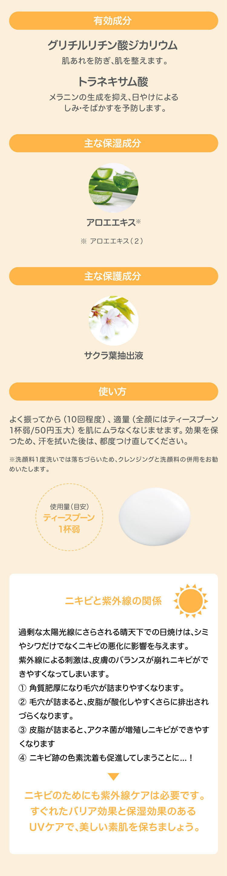 有効成分 グリチルリチン酸ジカリウム 肌荒れを防ぎ、肌を整えます。 トラネキサム酸 メラニンの生成を抑え、日焼けによるシミ・そばかすを予防します。 主な保湿成分 アロエエキス 主な保護成分 サクラ葉抽出液 使い方 よく振ってから(10海底度)、適量(全顔にはティースプーン1杯弱/50円玉大)を肌にムラなくなじませます。効果を保つため、汗を拭いた後は、都度つけ直してください。※洗顔料は1度洗いでは落ちづらいため、クレンジングと洗顔料の併用をお勧めいたします。 ニキビと紫外線の関係 過剰な太陽光線にさらされる晴天下での日焼けは、シミやシワだけでなくニキビの悪化に影響を与えます。紫外線による刺激は、皮膚のバランスが崩れニキビができやすくなってしまいます。?@角質肥厚により毛穴が詰まりやすくなります。?A毛穴が詰まると、皮脂が酸化しやすくさらに排出されづらくなります。?B皮脂が詰まると、アクネ菌が増殖しニキビができやすくなります。?Cニキビ跡の色素沈着も促進してしまうことに…! ニキビのためにも紫外線ケアは必要です。すぐれたバリア効果と保湿効果のあるUVケアで、美しい素肌を保ちましょう。